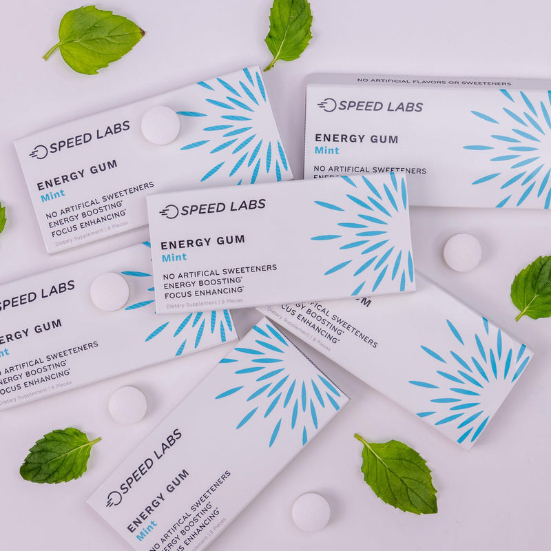 [Australia] - Speed Labs Mint Natural Caffeine Energy Gum 25mg Caffeine, Taurine, B Vitamins Per Piece, 48 Pieces (6 Packs of 8) Sugar Free, Zero Calories, Naturally Sweetened, Gluten Free 