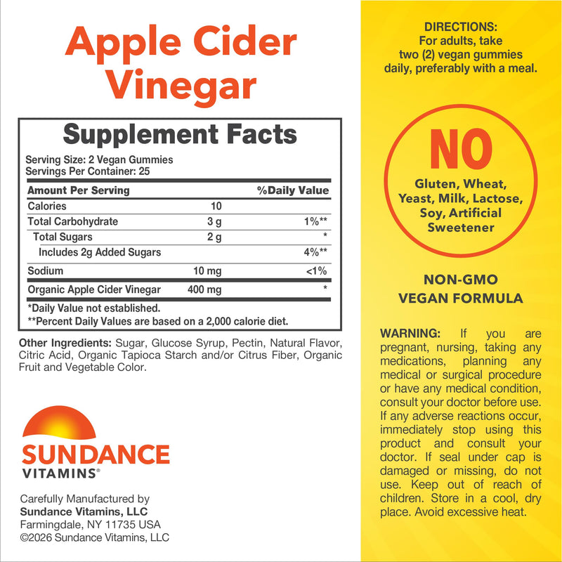 Sundance Apple Cider Vinegar Gummies for Adults | 50 Count | Apple Flavor | Vegan, Non-GMO, and Gluten Free Supplement