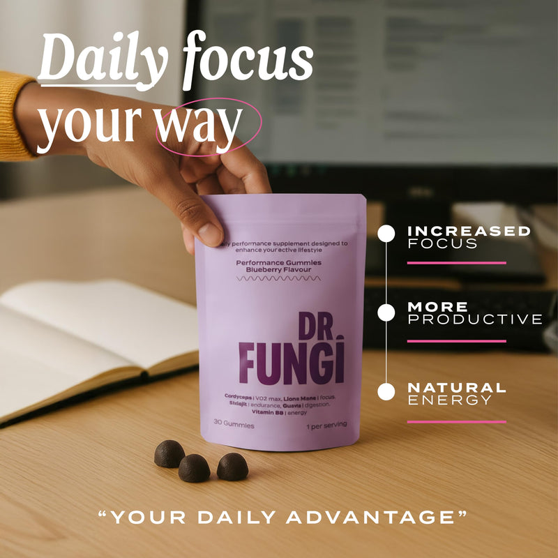 Lion's Mane & Cordyceps Mushroom Gummies - Vegan, Natural & Sugar Free with Vitamin B5 - Focus & Memory Supplement - 1 Month's Supply - 3,000mg per Serving - 30 Gummies - Blueberry Flavour