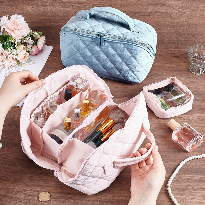 2Pcs Travel Makeup Bag, 2 Polyester Zipper Toiletry Bag with 2 Clear Pouches Large Capacity Cosmetic Organizer for Travel with Handle (Misty Rose, Light Sky Blue) Misty Rose, Light Sky Blue