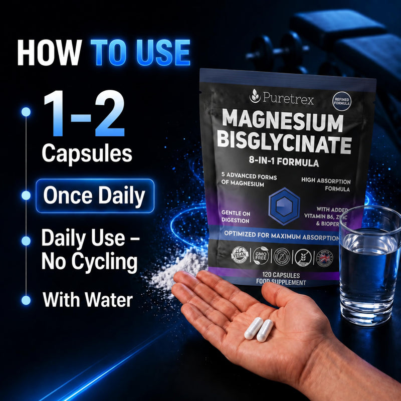 Puretrex Magnesium Glycinate 8 in 1 Complex, High Absorption Magnesium Capsules for Muscle & Relaxation Support, 5 Advanced Forms with Bisglycinate, Vegan, Non GMO, Made in UK, 120 Capsules