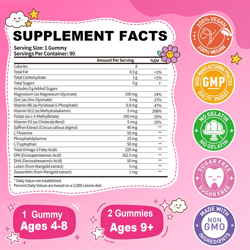 Saffron + Magnesium Glycinate -Calm Mood Focus Gummies for Kids 4+ & Adults | Saffron Extract with Omega-3, L-Theanine, B6, B12, D3 – Happy Mood – Sugar Free, Vegan – 90 Gummies, Raspberry Flavor 90 Count (Pack of 1)