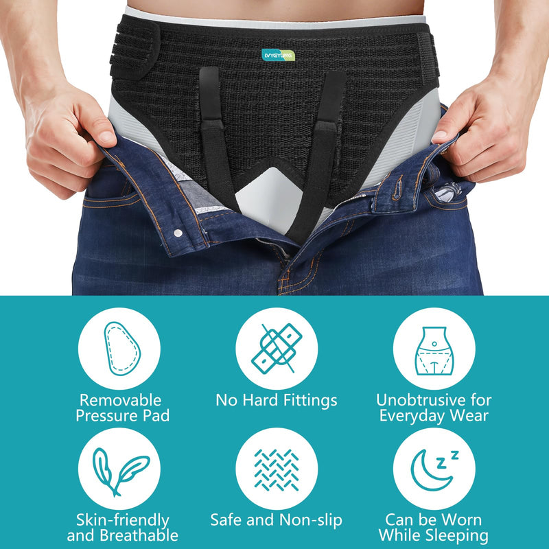 Hernia Belt for Men Inguinal, Hernia Support Truss for Groin Pain Relief, Adjustable Inguinal Support Belt for Single or Double Hernia with 4 Compression Pads(L) Large