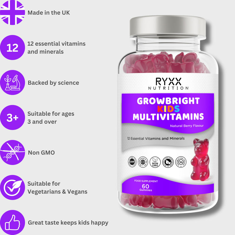 RYXX GrowBright Kids Multivitamins | 12 Essential Vitamins & Minerals | Natural Berry Flavour Gummies | Immune & Growth Support | 60 Vegan-Friendly Gummies | Made in the UK