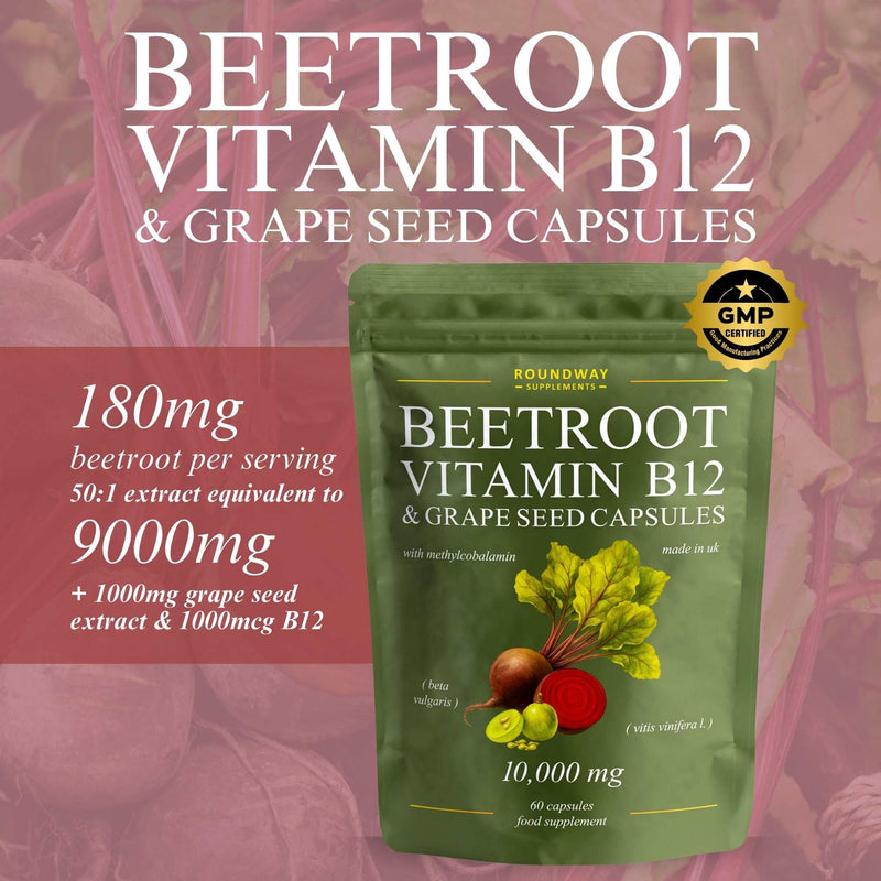 Beetroot Capsules with Vitamin B12 & Grape Seed Extract for Energy & Immunity + Nitric Oxide | High Strength 9000mg Beetroot, 1000mcg Methylcobalamin | 60 Capsules (2 Months) by Roundway Supplements
