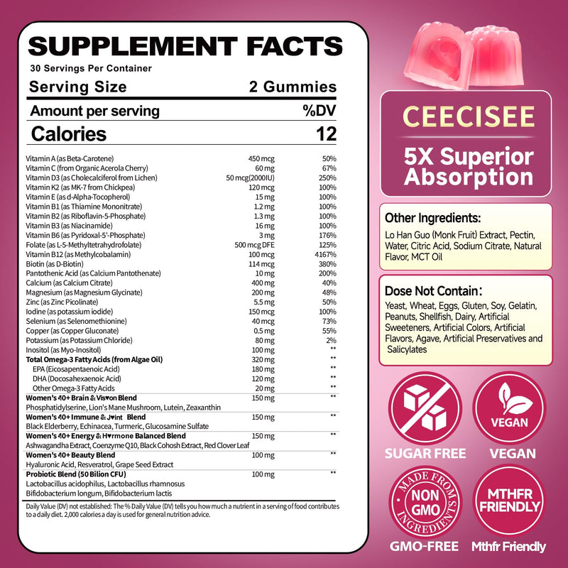 Womens Multivitamin 40 Plus Gummies: Methylated Multivitamins | Daily Multi Vitamin A C E D3 K2 B Complex Biotin Calcium Magnesium Zinc Folate Omega 3 Probiotic - Sugar Free Vegan 60 Count Peach 60 Count (Pack of 1)