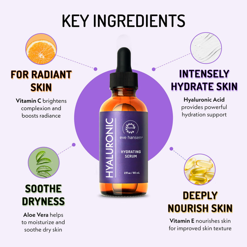 Eve Hansen Hydrating Hyaluronic Acid Serum for Face with Vitamin C, Vitamin E, Green Tea | 72% Organic Firming Facial Moisturizer, Anti-Wrinkle, Skin Plumper (1 oz) 1 Fl Oz (Pack of 1)