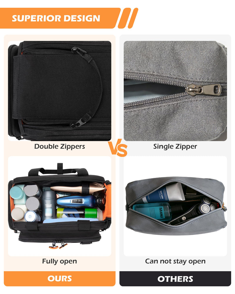 Tactical Travel Toiletry Bag for Men, Extra Large Dopp Kit Organizer | Large Toiletry Bag with Dual Way Zippers, Tactical Design, Wet & Dry Separation,Travel Hygiene Bag for Shaving Grooming Black