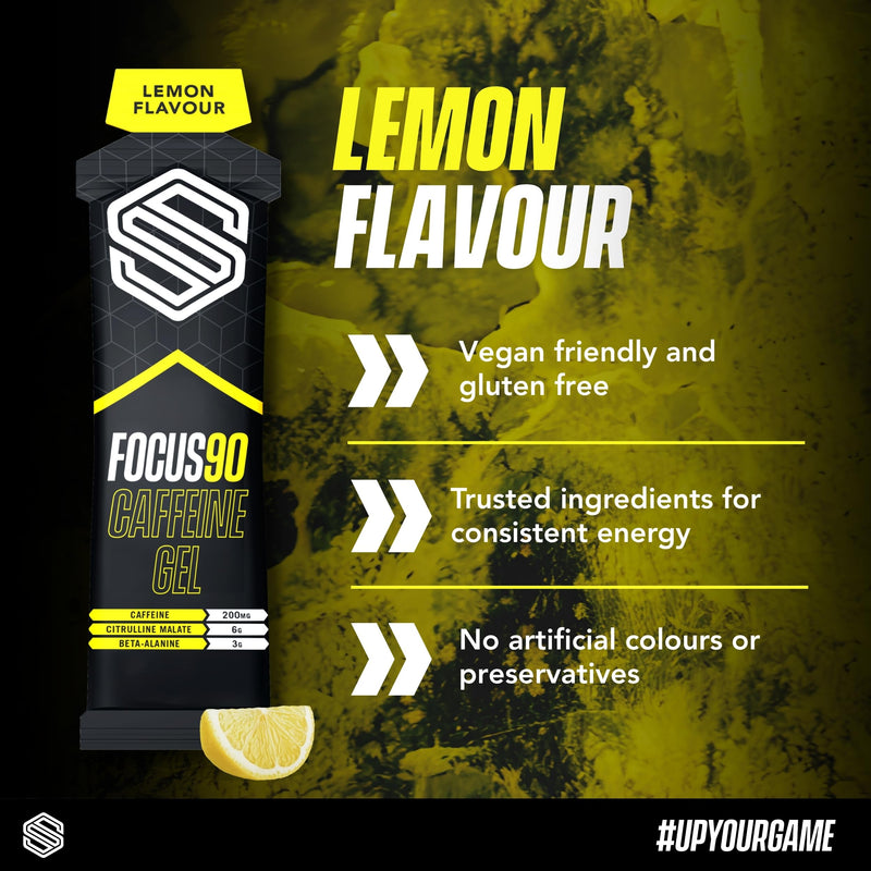Soccer Supplement Focus90 Caffeine Energy Gels (12 Pack) with 200mg Caffeine, Quick Release Pre Workout Gel with Beta Alanine, Lemon & Lime Flavour