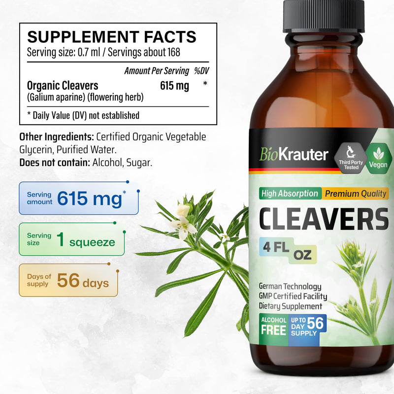 [Australia] - Cleavers Leaf Tincture - Organic Cleavers Herb Liquid Extract - Natural Body Detox - Alcohol and Sugar Free - Vegan Drops 4 Fl.Oz. 4 Fl Oz (Pack of 1) 
