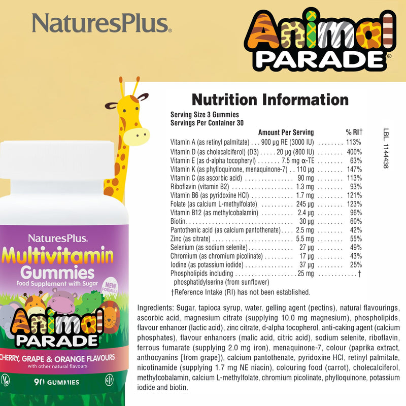 NaturesPlus Animal Parade Kids Gummies - All Natural Gummies Multivitamin for Children - Gluten Free, Vegetarian, Non GMO - 90 Gummies
