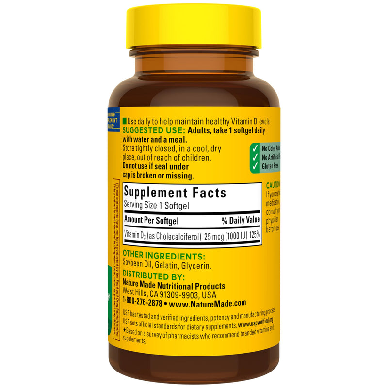 Nature Made Vitamin D3 1000 IU (25 mcg), 100 Vitamin D Softgels | Vitamin D Supplement for Immune, Bone, Teeth and Muscle Health Support, 100 Day Supply 100 Count (Pack of 1)