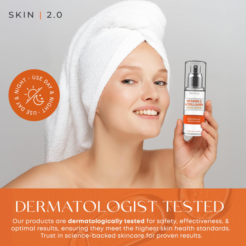 Skin 2.0 Vitamin C Serum - Dermatologist Tested, Anti-Aging & Dark Spot Remover - Brightening, Clean Beauty, Cruelty-Free, Korean Skincare for Glass Skin, All Skin Types - 1.69 Fl. oz Vitamin C and Collagen