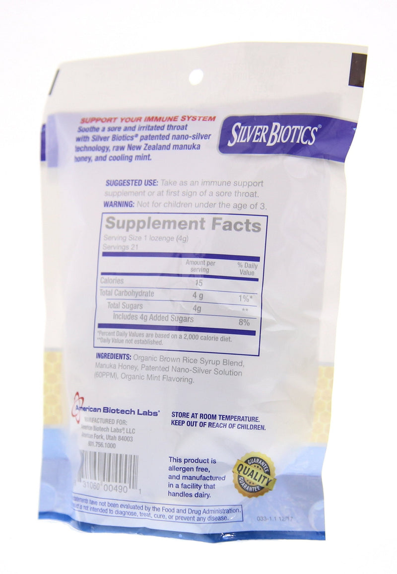 [Australia] - American Biotech Labs Silver Biotics Silver Lozenges w/60ppm SilverSol and Manuka Honey, Mighty Manuka Mint (21 Count) (2 Pack) 