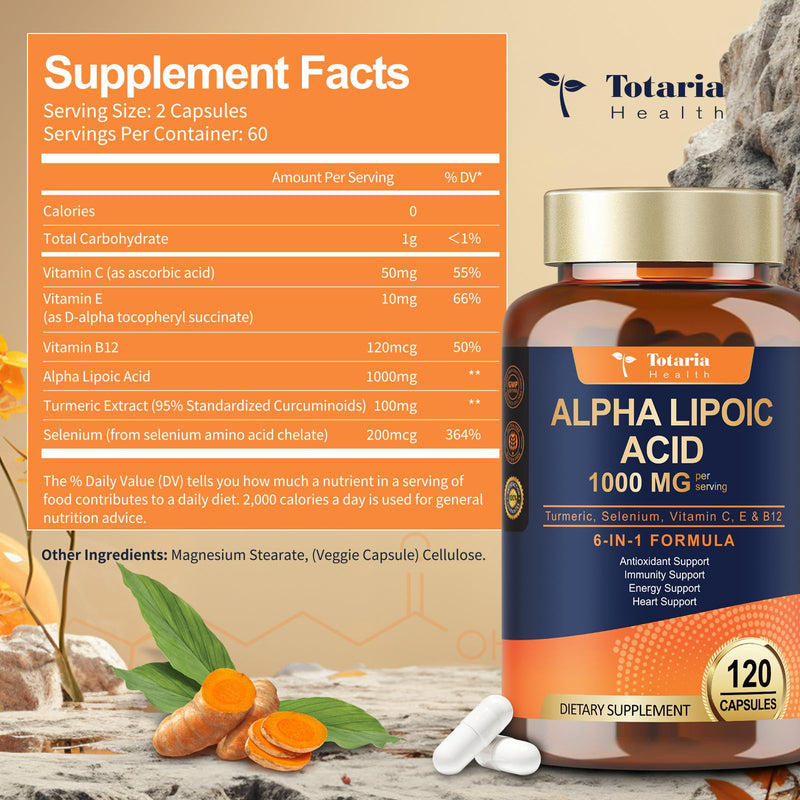 [Australia] - Alpha Lipoic Acid 1000mg - ALA Supplement Antioxidant for Neuropathy Support Nerve Health, Liver Detox, Antioxidant, Metabolism and Cell Energy, Anti-Aging - Non-GMO, Gluten Free, Vegan Safe 120 Count (Pack of 1) 
