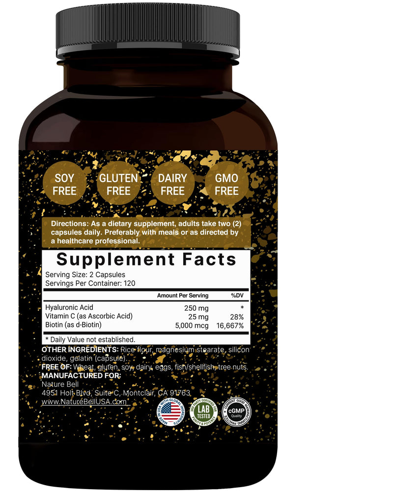 NatureBell 2 Pack Plant Based Hyaluronic Acid Supplements 250mg with 25mg Vitamin C & Biotin 5000mcg, 480 Total Capsules | Essential for Hair Growth, Joint Support, & Hydrating Skin | Non-GMO 240 Count (Pack of 2)