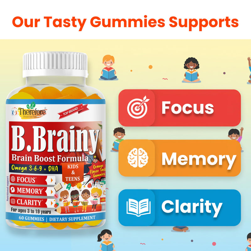B.Brainy Focus Gummies for Kids & Teens, Kids Focus and Attention Supplements, Brain Focus Vitamins, Vegan Omega 3 EPA/DHA, Support Memory, Clarity, Concentration, Low Sugar 60 Gummies