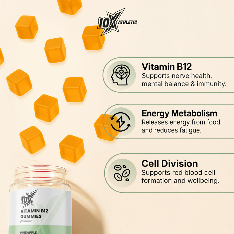 Vitamin B12 Gummies – Pineapple Flavour | Vegan B12 for Energy, Focus & Mental Clarity | Energy Metabolism | Immune Support | Fatigue Relief | Vitamins for Men & Women | 60 Gummies