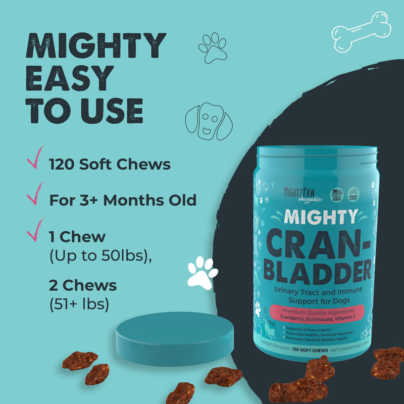 Mighty Paw Waggables Cran-Bladder (Made in The USA) | Cranberry Supplement for Dogs, Cranberry Chews for Urinary Tract Health. Kidney, & Bladder Support. Antioxidant Immune Health (120 Count) - PawsPlanet Australia
