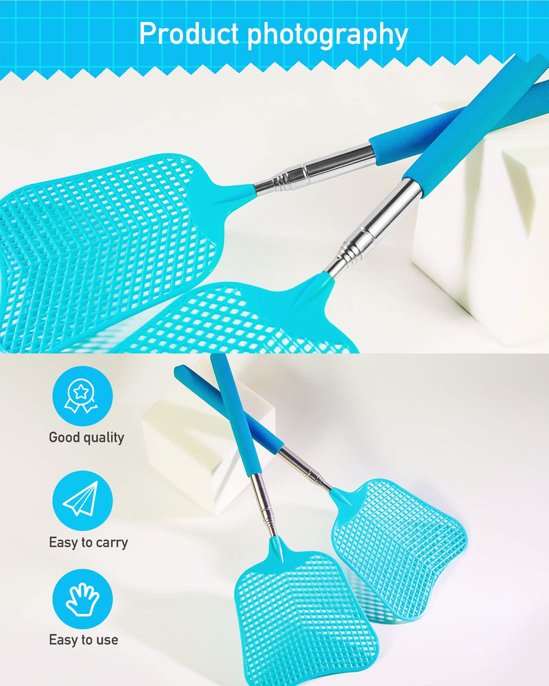 2 Pack Fly Swatters Heavy Duty Set, Fly Swatter, Telescopic Fly Swatters, Stainless Steel Handle for Flyswatter. (Blue)