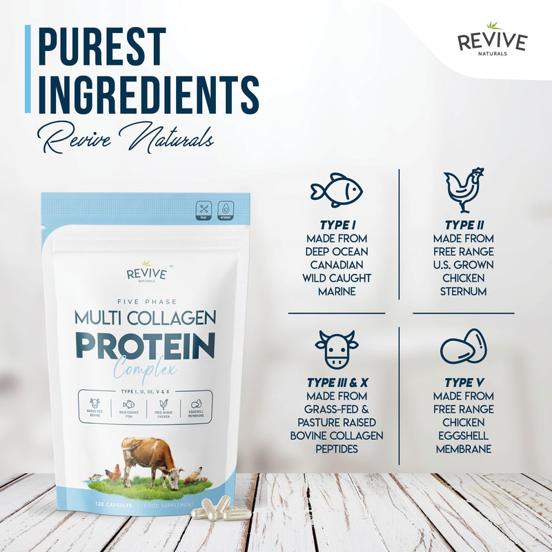 Revive Naturals Multi Collagen Protein Capsules - Types I, II, III, V & X - Hydrolysed Grass Fed Bovine, Wild Caught Marine & Free-Range Chicken, Made with Hyaluronic Acid & Vitamin C, 120 Caps