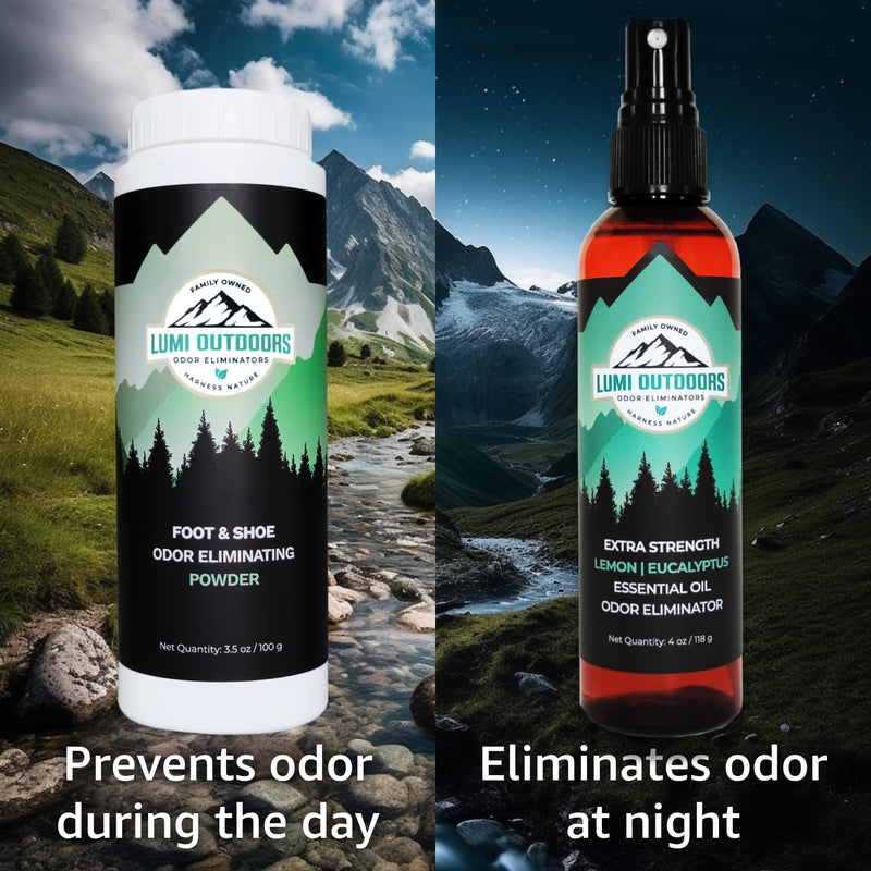 [Australia] - Lumi Outdoors Natural Shoe Deodorizer Spray and Foot Powder Bundle - Lemon Eucalyptus and Foot Powder 