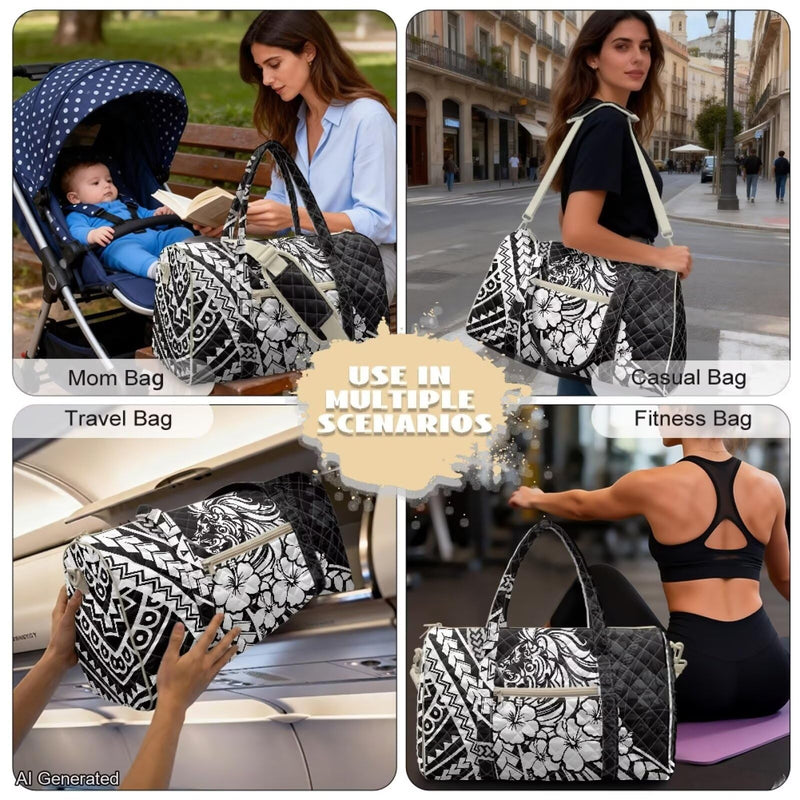 Quilted Travel Duffel Bag Lightweight Weekender Overnight Bag with Zipper Pockets Polynesian Hibiscus Flower Black Print Carry On Luggage Bags for Women Men Gym Bags