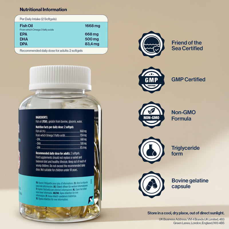 Omega 3 Capsules High Strength Fish Oil 1334mg – Easy to Swallow, No Fishy Taste – for Heart & Brain – 668mg EPA, 500mg DHA – 80% Concentrate Triglyceride Form – 120 Caps, 2 Month Supply – 4 HIM & HER