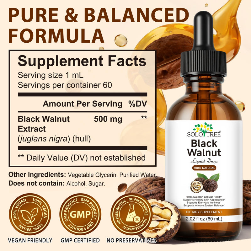 Black Walnut Liquid Drops 60ml Helps Support The Normal Function and Balance of The Immune System - 100% Natural Formula Ingredients, Alcohol-Free & Sugar-Free, Gentle and reassuring.