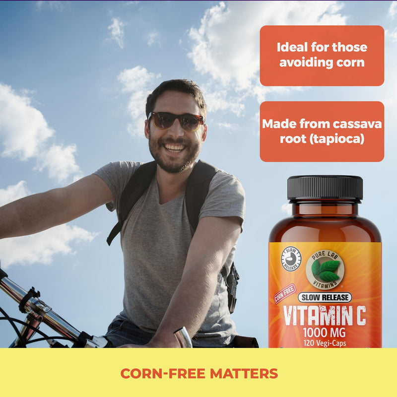 Pure Lab Vitamins Slow Release Corn Free Vitamin C 1000 mg - 120 Vegi-caps | Corn free, slow release formula, Supports collagen formation, Immune support, Vegan, third-party tested