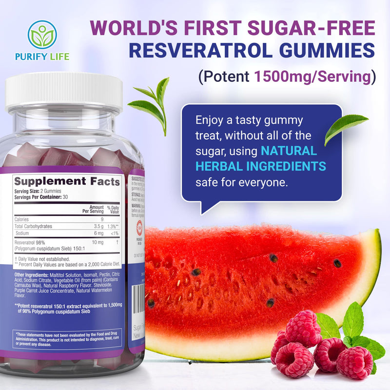[Australia] - Purify Life Sugar-Free Resveratrol Gummies - Potent 1500mg Resveratrol Supplement to Support Digestive & Immune Health - Resveratrol Supplement for Antioxidant Support, Cell Regenerator & Repair Resveratrol Cell Repair 