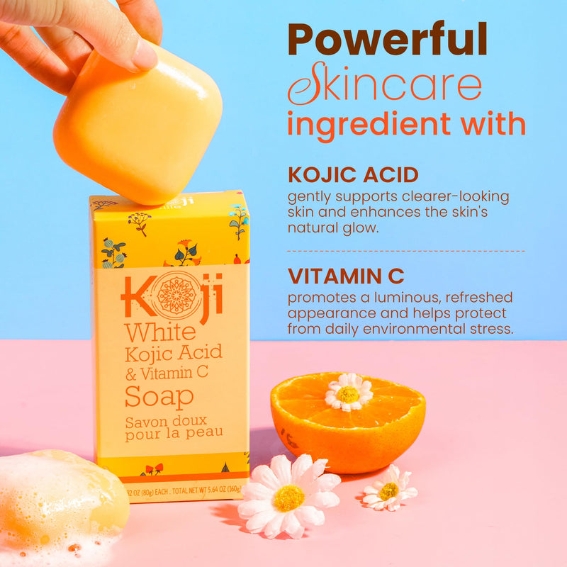 Koji White Kojic Acid & Vitamin C Brightening Soap, Hydrating Face & Body For Radiant Glow Skin, Nourishing, Moisturizing, Cleansing Bar, Vegan, Paraben-Free, 2.82 oz (2 Bars)