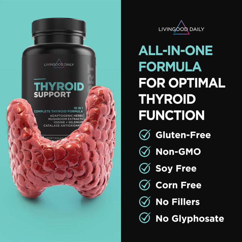 [Australia] - Livingood Daily Thyroid Support for Women & Men, 60 Vegetarian Capsules - Adaptogenic Herbs, Selenium & Iodine Supplement (from Kelp & Fronds) Support Metabolism, Hormone Balance, Mood, Thyroid Health 