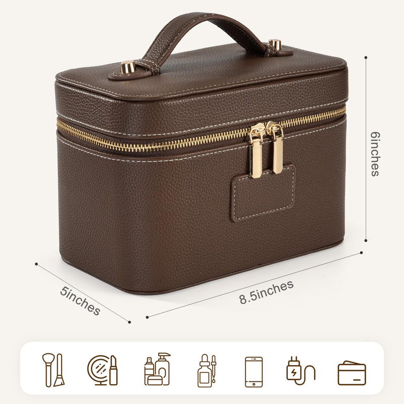 Makeup Bag Travel Toiletry Leather Cosmetic Case, Waterproof Makeup Organizer with Brush Holder, Wipe Clean Removable Divider Vanity Train Bag for Women, Coffe