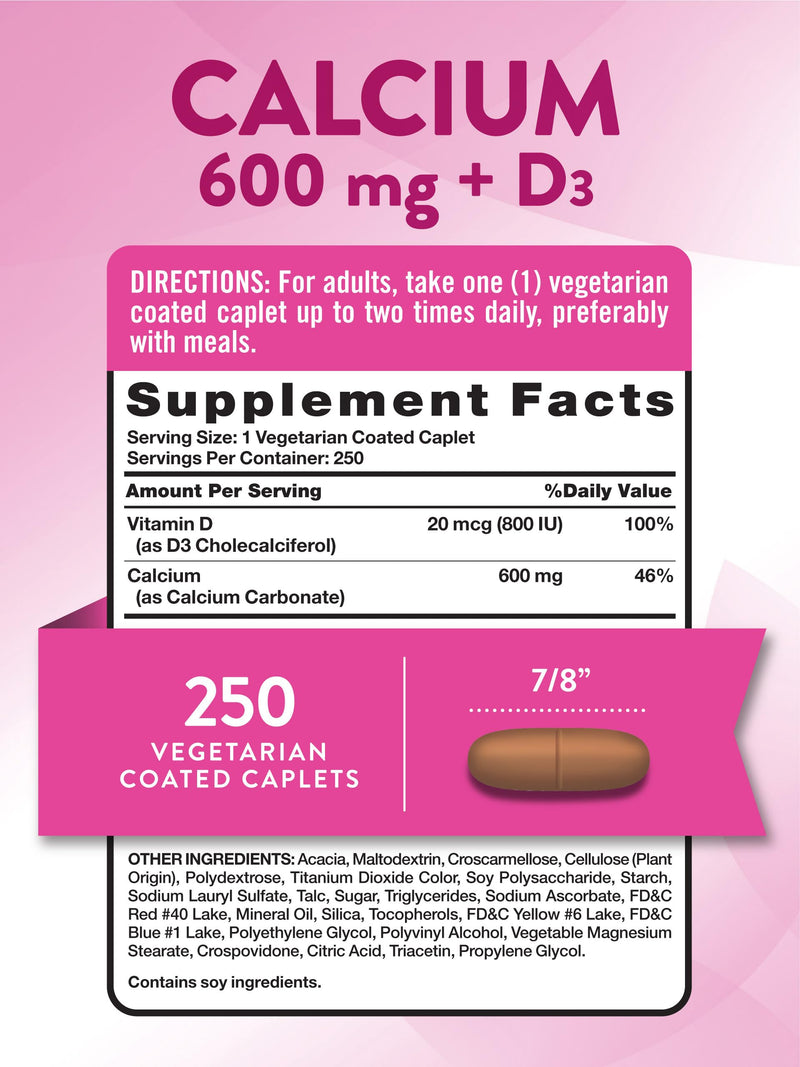 Nature's Truth Calcium 600mg with Vitamin D3 | 250 Caplets | Calcium Carbonate | Vegetarian, Non-GMO & Gluten Free Supplement