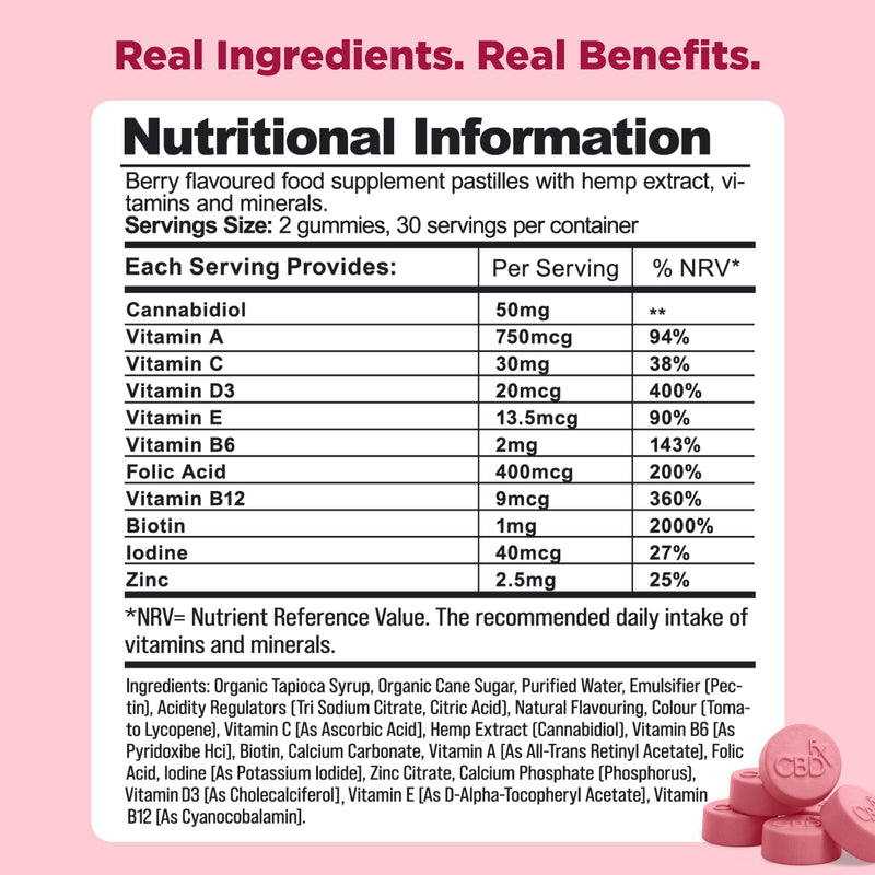 CBDfx 1500mg CBD High Strength Women's Multivitamin Vegan Gummies, Vitamin A, C, D3, E, B6, B12, Biotin, Calcium and Zinc 60x Bottle (30 Days)