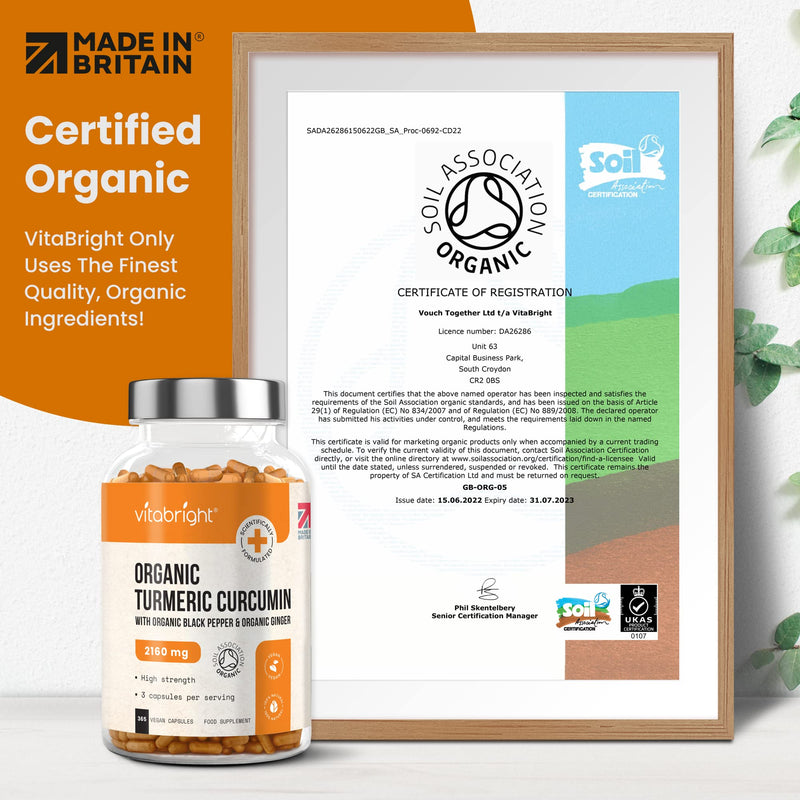 Turmeric and Black Pepper Capsules | 2160mg Dose | 365 Tablets | 4 Month Supply | 3 A Day | Herbal Supplements | High Strength Curcumin | VitaBright Organic Tumeric Supplement