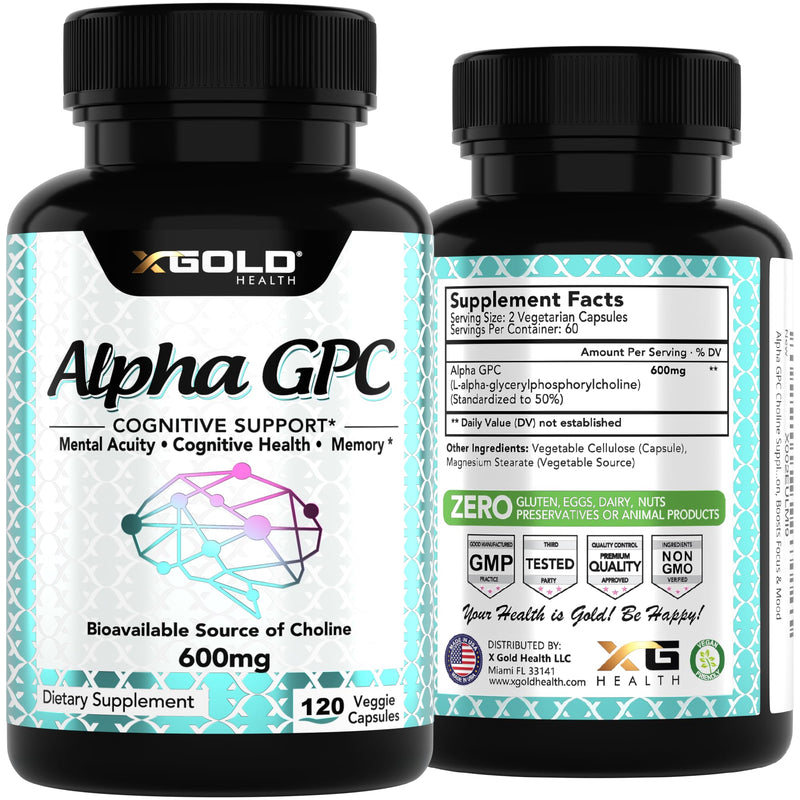 [Australia] - Alpha GPC Choline 600mg, 99% Pure Nootropic Supplement, 120 Veggie Capsules, Cognitive Enhancer for Memory, Brain Health & Focus 120 Count (Pack of 1) 