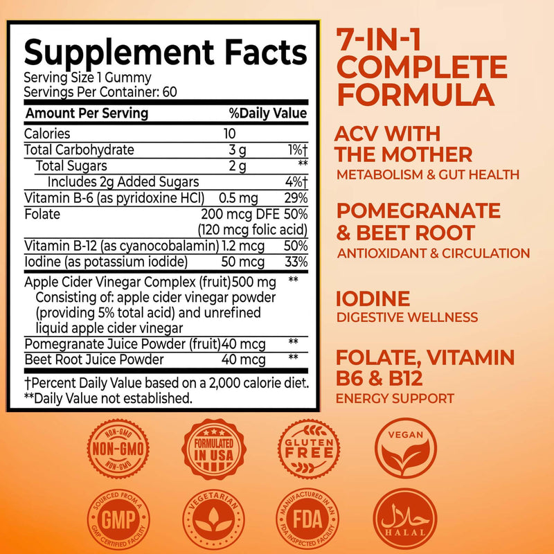 Apple Cider Vinegar Gummies - ACV Gummies with The Mother, Vitamin B6, B12, Beet Root & Pomegranate for Weight Loss - Probiotics for Men & Women - Digestion, Intestine Wellness & Metabolism - 60 Count