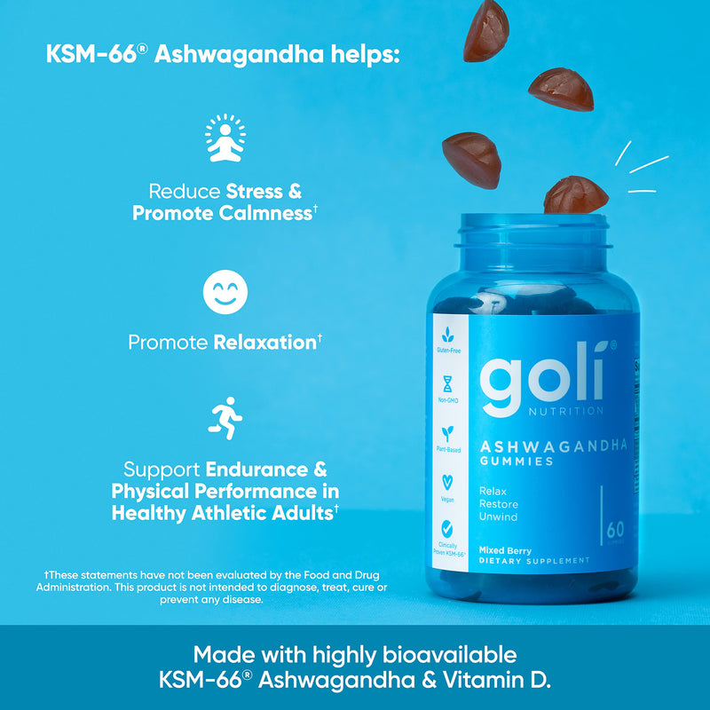 Goli Ashwagandha & Vitamin D Gummies (60 Count) + Apple Cider Vinegar Gummies. Mixed Berry (60 Count)
