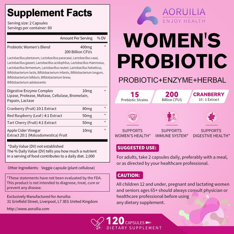 26-in-1 Probiotics for Women with 200 Billion CFUs 15 Strains, Digestive Enzymes & Cranberry Extract, Natural Prebiotics Vaginal Probiotics for Gut Health, Urinary, Immune, Digestion - 120 Vegan Caps
