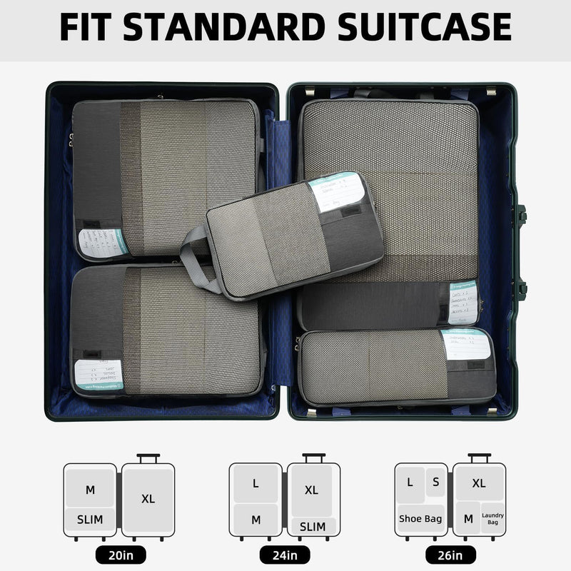 6 Set Lightweight Compression Packing Cubes with Packing List, Anti-Tearing Expandable Organizer Bags for Travel, (Dark Grey) Dark Grey