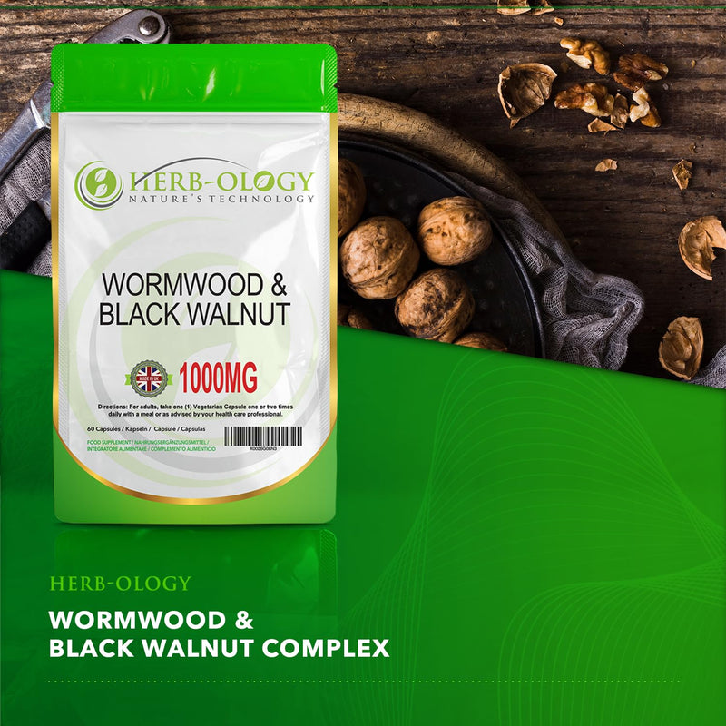 HB Wormwood | 120 Wormwood Black Walnut Capsules - 500mg Worm Wood Herb & 500mg Black Walnut per Serving | High Strength Worm Wood Capsules | Non-GMO, Gluten & Allergen Free | Made in The UK 120 count (Pack of 1)