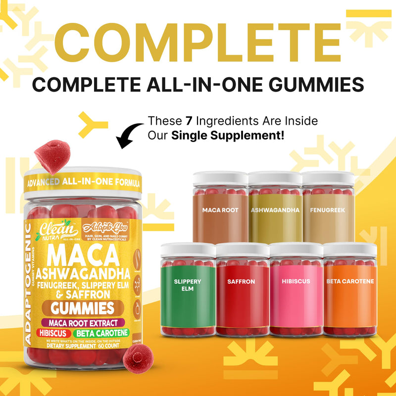 Clean Nutra Maca Root Gummies Ashwagandha Fenugreek Slippery Elm Saffron Hibiscus Beta Carotene Vitamin A for Women Macaroot Extract 60 Gummies Vegan Adaptogen Supplement Gummy Non GMO