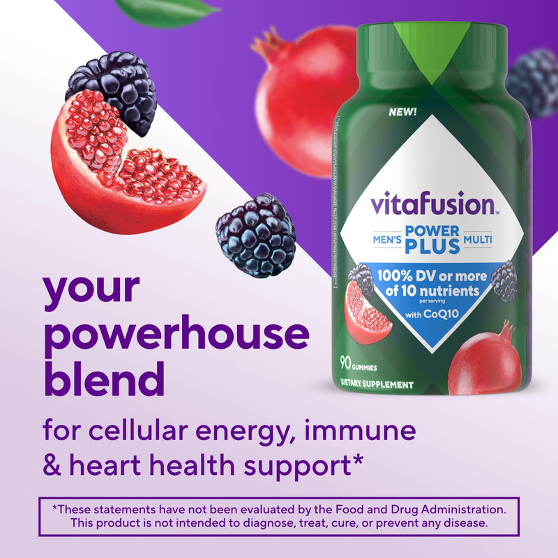 Vitafusion Power Plus Men's Multivitamin Gummies | 90 Gummy Vitamins | with CoQ10 | Blueberry Pomegranate Flavor | Gluten Free Adult Supplement 90 Count (Pack of 1) Power+ Men's Multivitamins