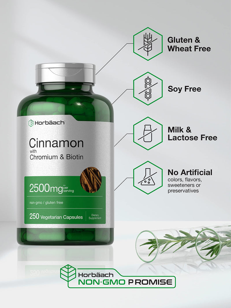 Cinnamon with Chromium Picolinate 2500mg | 250 Capsules | plus Biotin | Vegetarian, Non-GMO, Gluten Free | by Horbaach