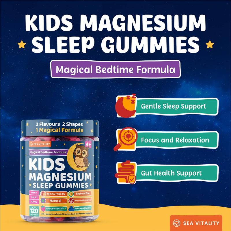 Kids Magnesium Glycinate Sleep Gummies – Calm Focus & Relaxation Support with Magnesium, B6, L-Theanine & Chamomile – Stawberry Stars & Blueberry Moons – 120 Vegan Gummies – Star & Moon Shape – Age 4+ Strawberry & Blueberry 120 count (Pack of 1)