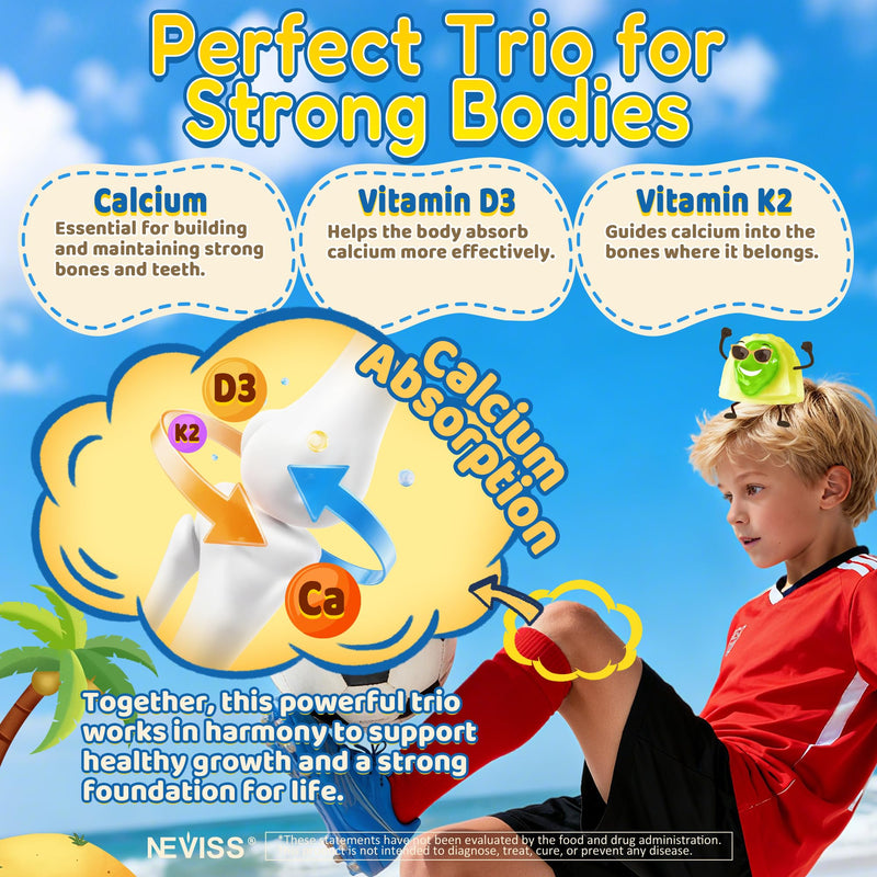 Kids Calcium Gummies + Vitamin D3 (1000IU/2000IU), K2, Magnesium, Phosphorus, Probiotic, Algae Calcium Supplement for Kids 4+ & Teens for Bones & Teeth, Extra Calcium Absorption, Sugar Free, 60 Counts 60 Count (Pack of 1)