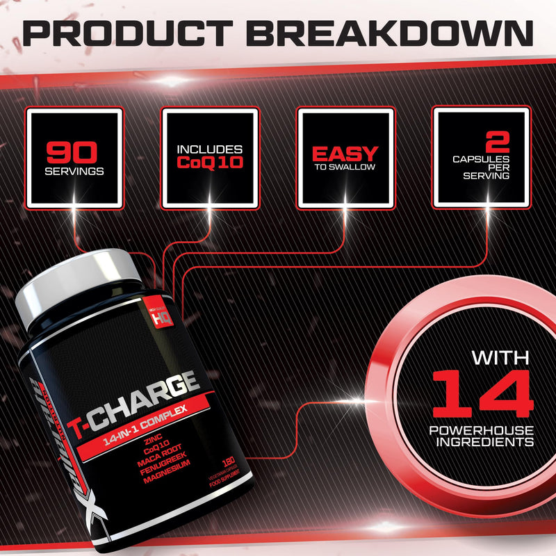 T-Charge for Men Supplement - 180 Vegetarian Capsules - Complex with 14 Active Ingredients Including Zinc, Magnesium & Maca Root - Made in the UK - Xellerate Nutrition