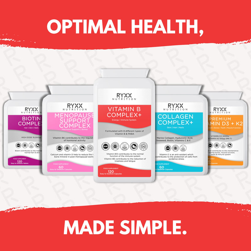 Vitamin B Complex+ | High Strength & High Absorption B Vitamins | 120 Vegan Capsules | with B6, B12 & Folate for Energy & Tiredness Reduction | Made in the UK by RYXX